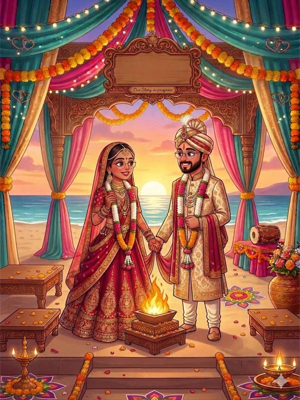 Wedding ceremony with the sacred fire, garlands, and family